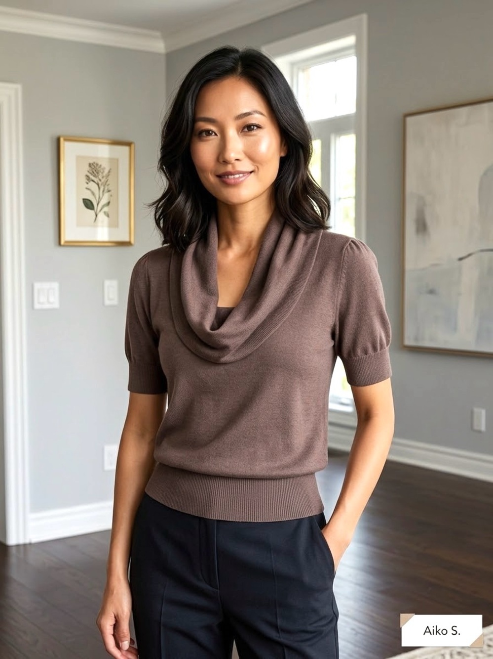 H&M Short-Sleeve Cowl Neck Sweater - Brown